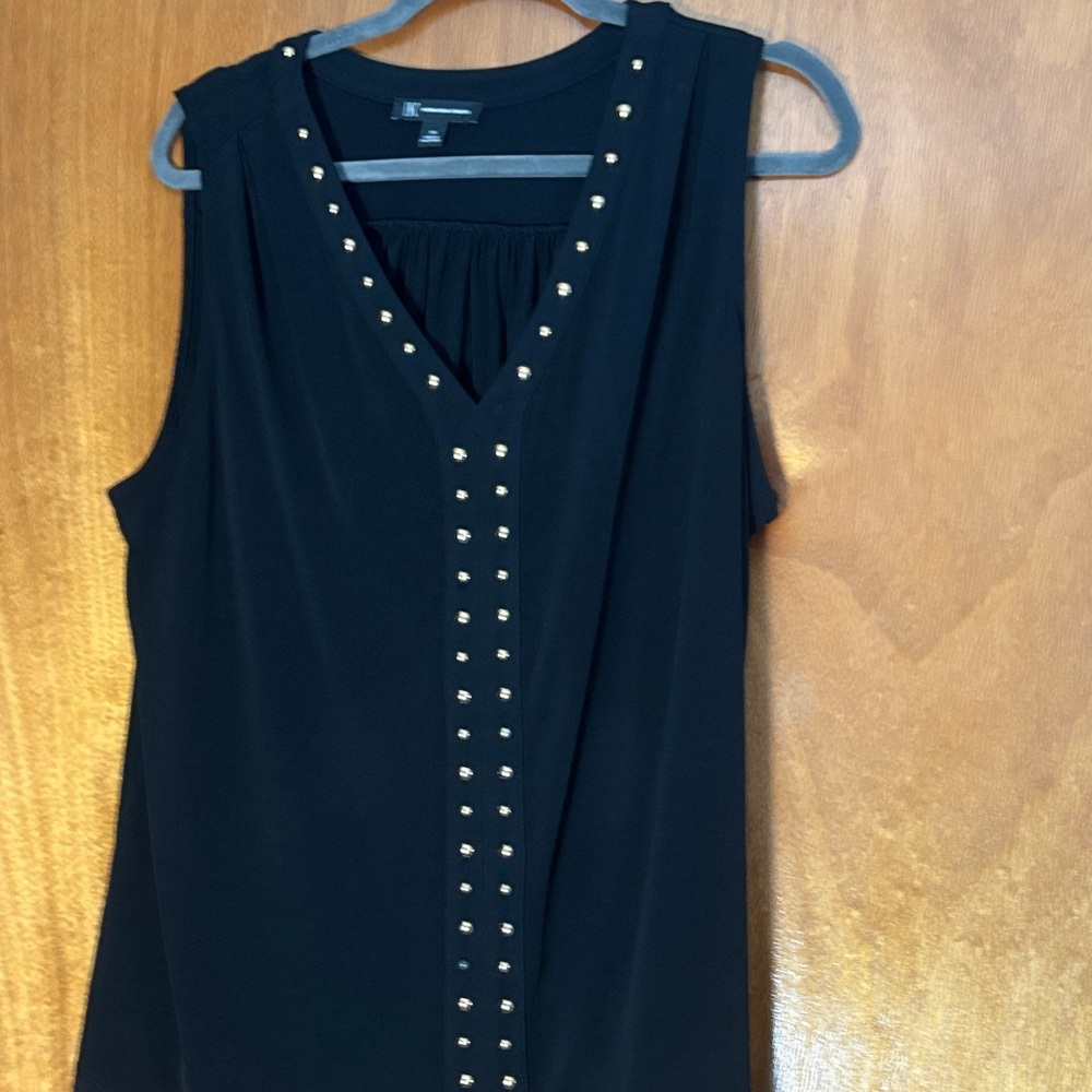 INC International Concepts Black Sleeveless V-Neck Top with Gold Studs